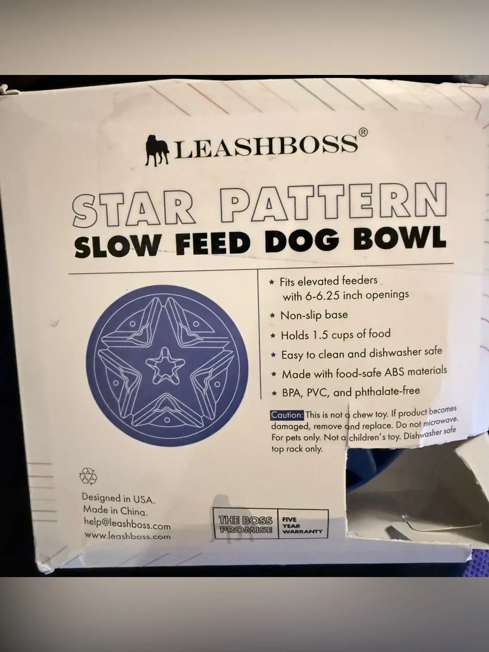 Leashboss Star Pattern Slow Feed Dog Bowl in Blue Capacity One and One Half Cup